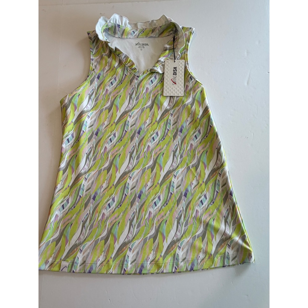 SwingDish Womens Sleeveless Golf Polo Top Ruffle V-Neck Lime Green Abstract S - Picture 4 of 7